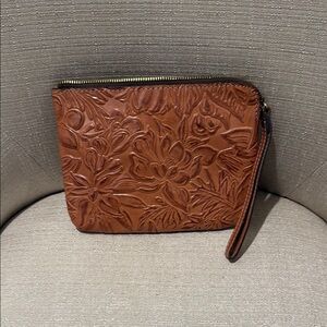 Embossed Brown Leather Wristlet